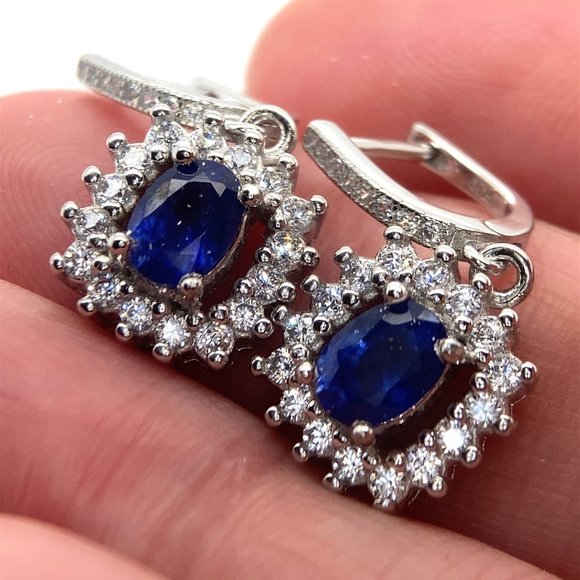 Blue Sapphire 2.35ct Platinum Finish Solid 925 Sterling Silver Earrings - Picture 1 of 8